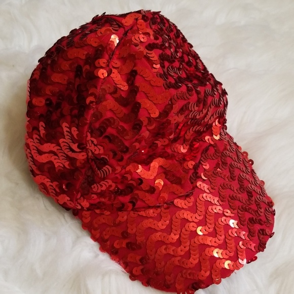Red Sequin Glamour Hat Cap. - Picture 2 of 8